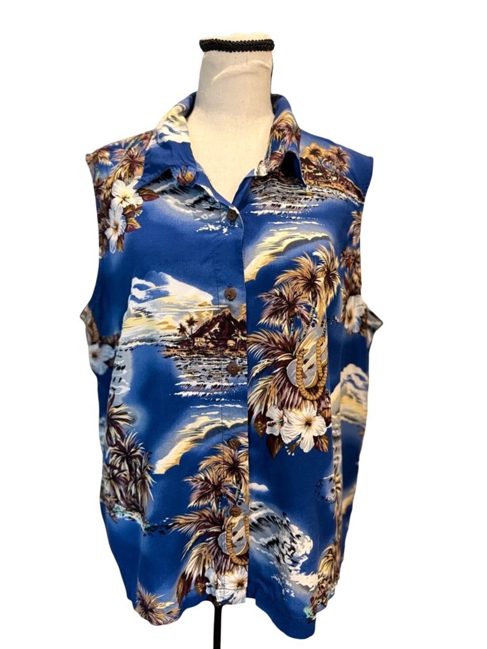 Hilo Hattie Hawaiian Original Sleeveless Shirt XL Blue Tropical Made Hawaii